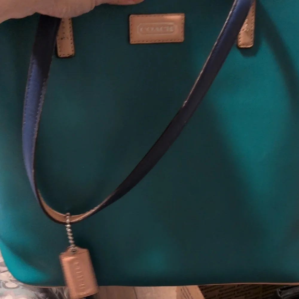 Coach Teal and Tan Full‎ Leather Tote Bag